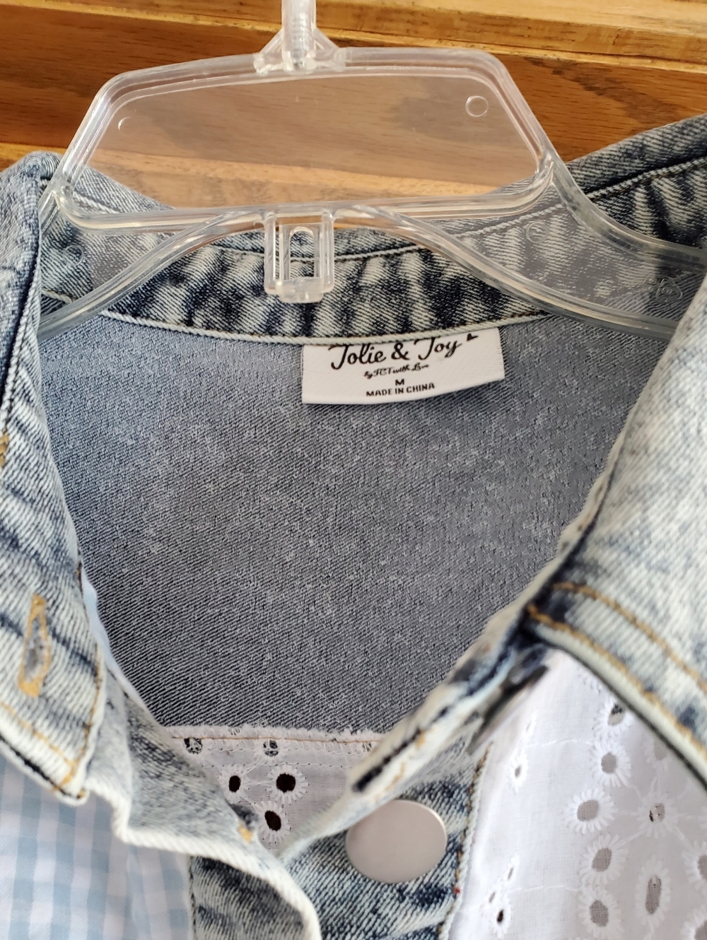 Jolie & Joy Mixed Media Cropped Shacket - Light Blue Eyelet & Gingham - Picture 4 of 5